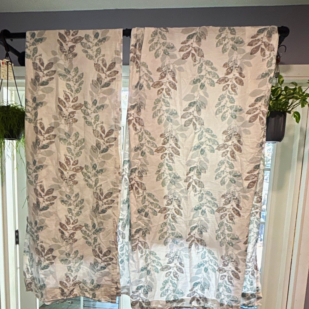 DKNY Cotton Curtain Panels (2), Floral Leaf, Rod Pocket, 90" x 50", Blue/Gray,